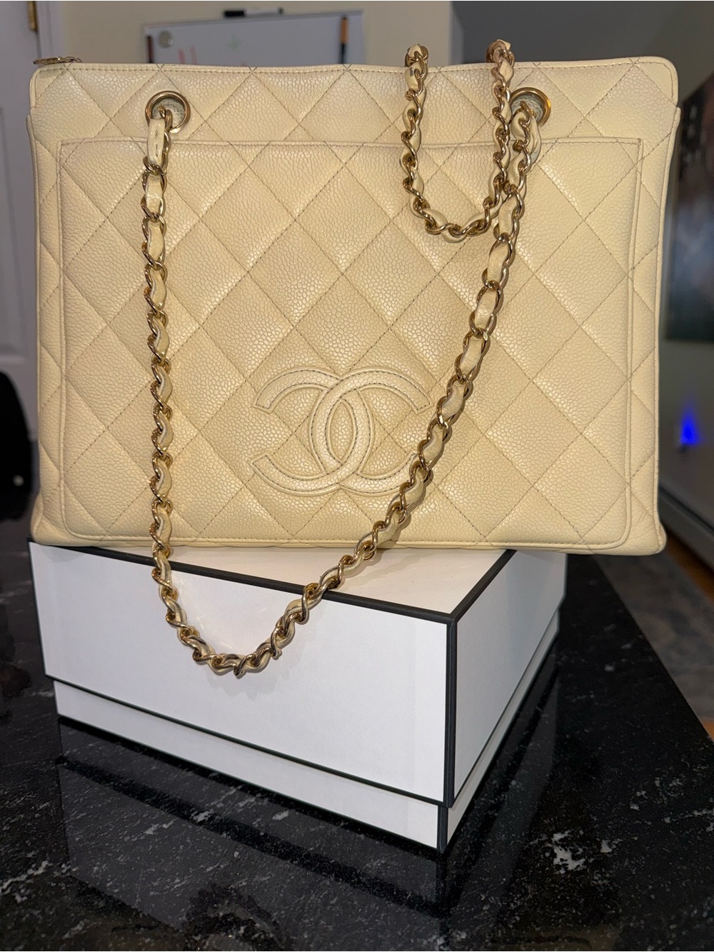 CHANEL Cream Quilted Double C Chain Shoulder Tote